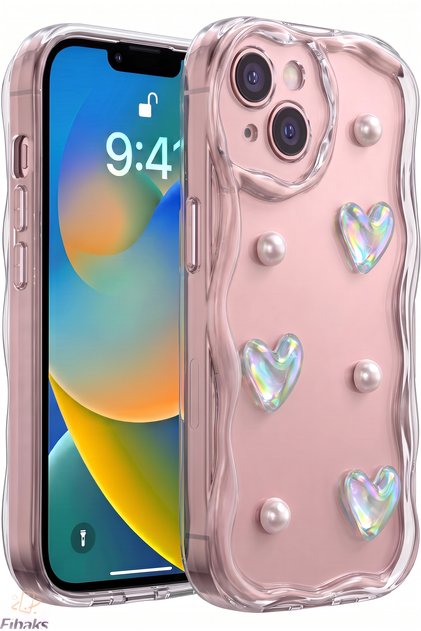 iPhone 13/14 Case with 3D Heart and Pearl Design Pattern, Transparent Silicone Cover with Camera Protection