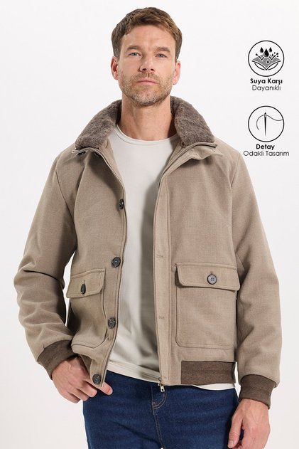 Men's relaxed fit, fur-lined pilot jacket with zip and button closure, and pockets.