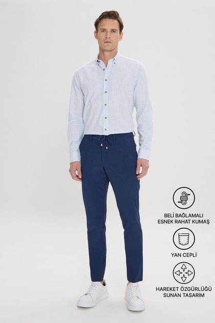 Men's Navy Blue Slim Fit Slim Fit Tie-Up Side Pocket Seersucker Patterned Trousers
