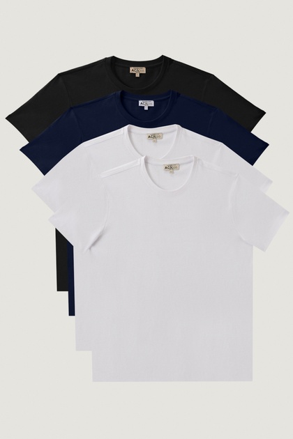 Erkek Beyaz-beyaz-sıyah-lacıvert Slim Fit Bisiklet Yaka %100 Pamuk 4'lü Basic Tişört Paketi