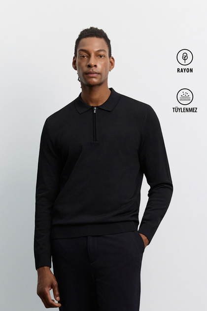 Men's Black Polo Neck Rayon Anti-Pilling Basic Knitwear Regular Fit Sweater B005150