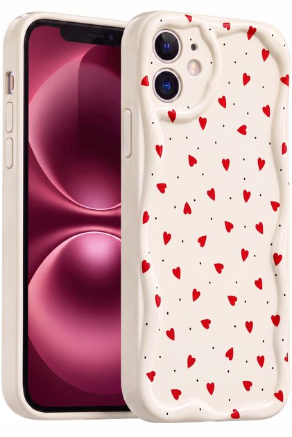 iPhone 12 Case Camera Protection Wave Edge Red Heart Pattern Silicone Cover