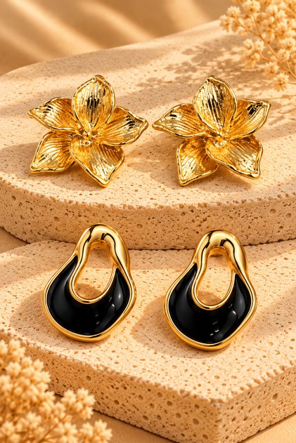 Women's Yellow Color 2-Piece Asymmetrical Earring Set with Flower Figures and Black Enamel