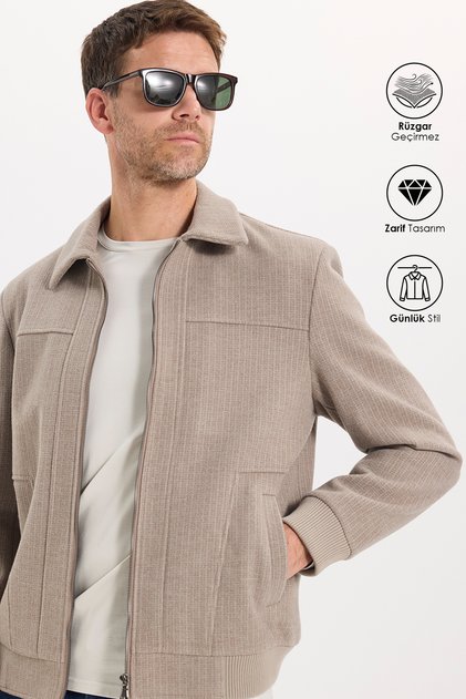 Men's Relax Fit Comfortable Cut Classic Collar Patterned Ribbed Zipper Lined Pocketed Mink Cashmere Coat
