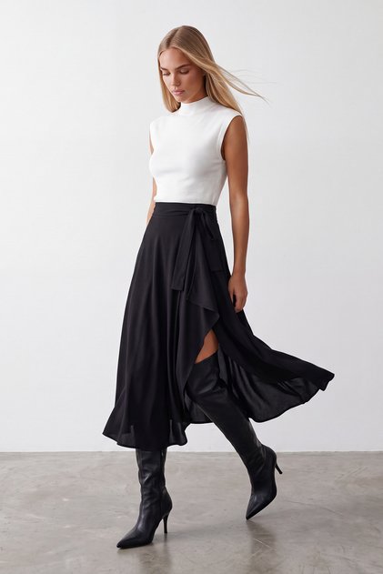 Black Asymmetrical Cut Waist Tie Camisole Skirt Alc-X5001