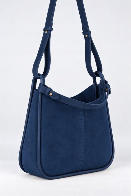 Women's Selvi Navy Blue Suede Double Strap Zipper Closure Shoulder Bag with Piping Detail