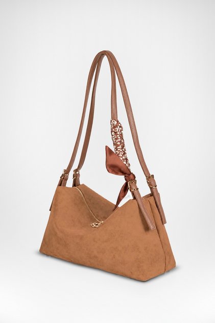 Women's Şebnem Taba Suede Bow Scarf Gift Strap Lined Zippered Shoulder Bag