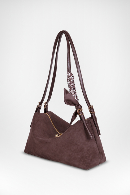 Women's Şebnem Brown Suede Bow Scarf Gift Strap Lined Zippered Shoulder Bag