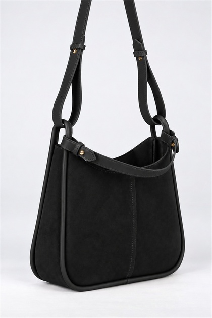 Women's Selvi Black Suede Piping Detailed Double Strap Zipper Closure Shoulder Bag