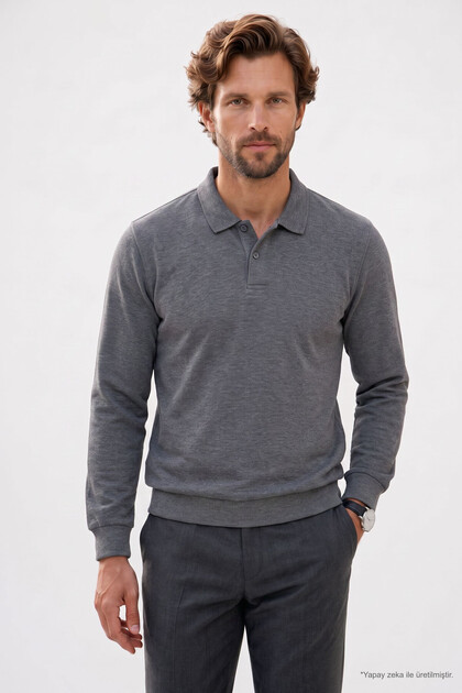Men's Regular Fit Classic Cut Thessaloniki Fabric Anthracite Polo Collar Sweatshirt