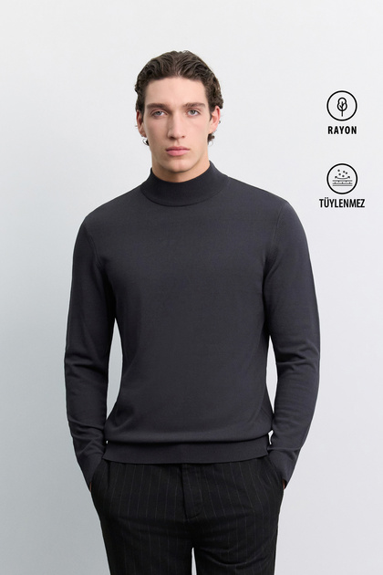 Men's Anthracite Half Turtleneck Rayon Non-Pilling Basic Knitwear Regular Fit Sweater B005151