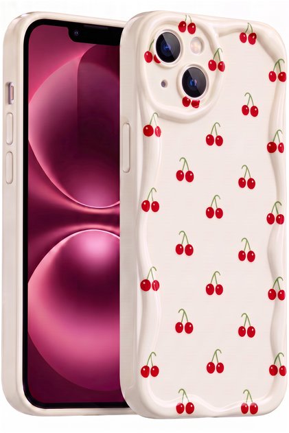 iPhone 13/14 Kılıf Kamera Korumalı Dalga Kenarlı Kiraz Desenli Yumuşak Silikon Kapak