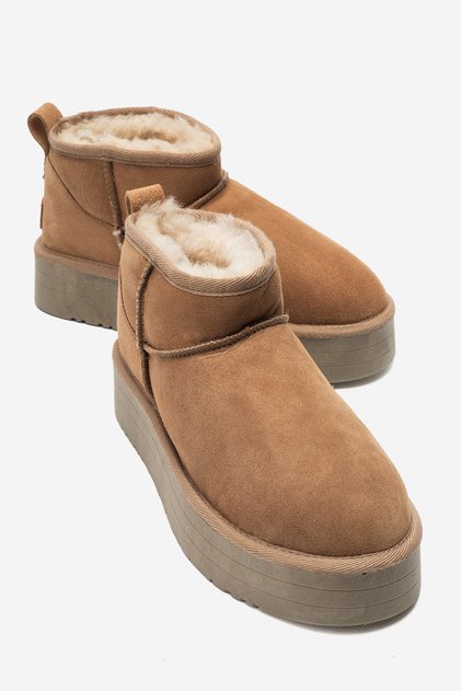 Veyra Tan Suede Genuine Leather Fur Platform Sole Women's Mini Boots