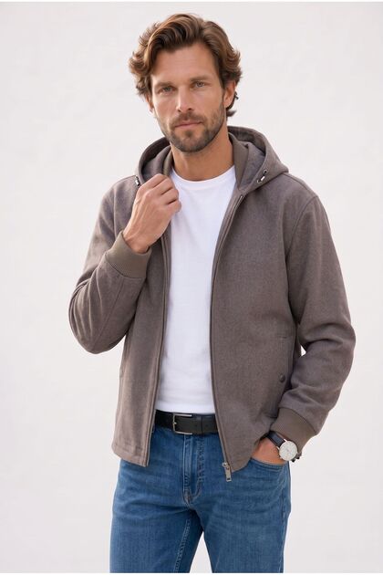 Men's Relax Fit Comfortable Cut Mink Cashmere Coat with Hood, Zipper, Elastic Cuffs and Collar, and Pockets