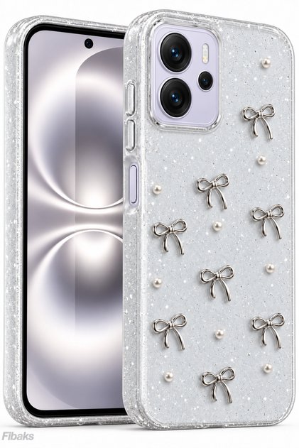 Redmi Note 14 4g Case Bowknot Pattern Transparent Glitter Silver Camera Protrusion Shiny Cover