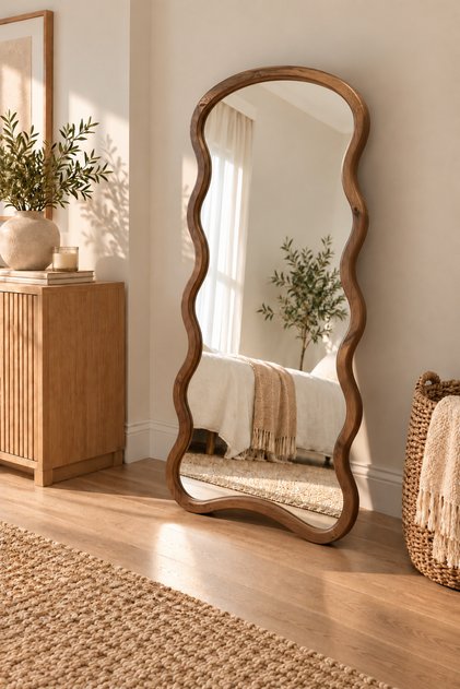 Dalgalı Model Ahşap Çerçeve Ayaklı Boy Aynası (Ceviz)