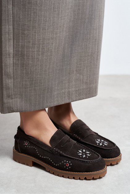 Clara Bitter Brown Suede Leather Stone Detail Serrated Thick Sole Women's Penny Loafer