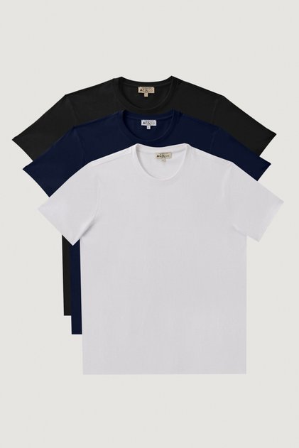 Men's Black-Navy-White Slim Fit Slim Fit Crew Neck 3-Piece 100% Cotton Basic T-Shirts Pack