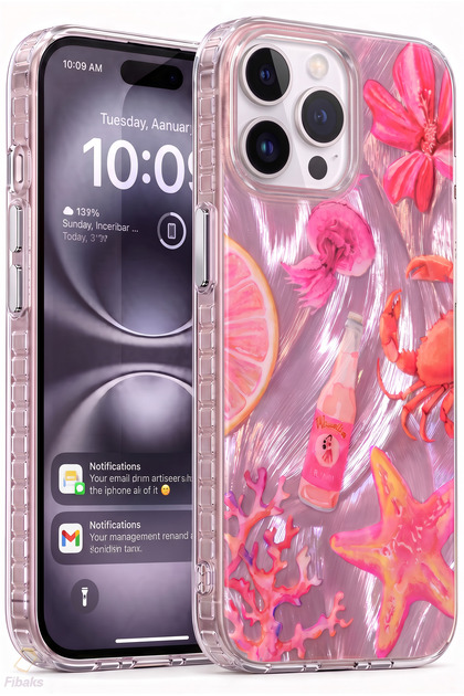iPhone 14 Pro Max/ 15 Pro Max Kılıf Hologramlı Pembe Yengeç Mercan Desenli İçten Baskılı Silinmez Darbe Emici Kamera Korumalı Airbag Köşe Korumalı Silikon