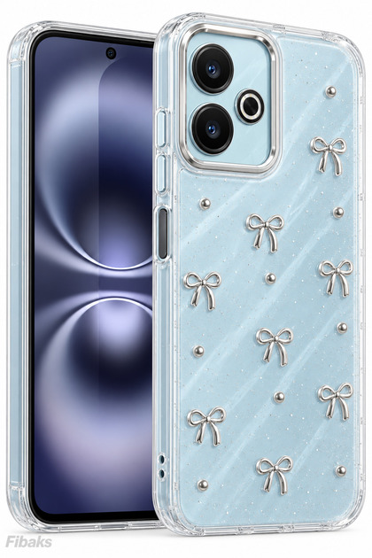 Redmi 13 4g Case Bow Pattern Transparent Glitter Silver Shiny Cover with Camera Protrusion