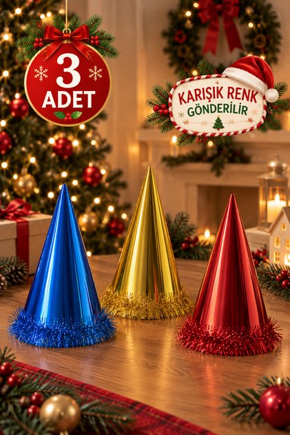 Renk Renk Yılbaşı Külah Şapka Parti Ve Eğlence Şapkası Karton Huni Doğum Günü Parti Şapkası 3 Adet