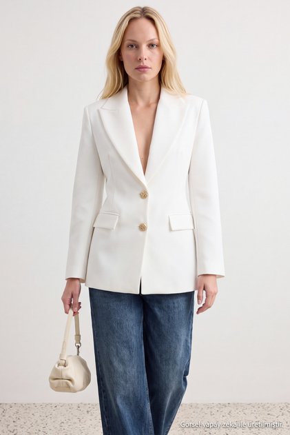 White Fitted/Body-Hugging Accessory Buttoned Collar Detail Lined Padded Blazer Jacket TWOSS26BC00028