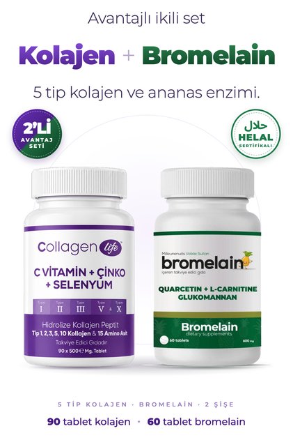 5 Tip Hidrolize Kolajen Peptit 90 Tablet & Bromelain Kompleks 60 Tablet - Profesyonel Destek Seti