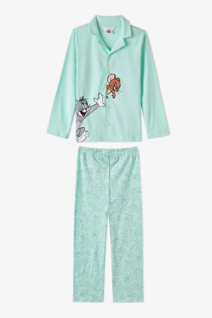 Unisex Kids Mint Green Tom&Jerry Printed Long Sleeve Buttoned Shirt Pants Pajama Set