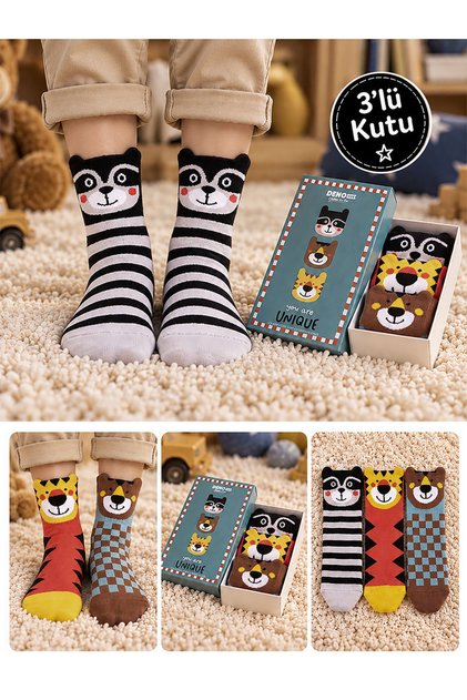Animals Boy's 3-Piece Boxed Socks