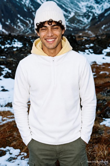 Men's White Anti-pilling Non-Pilling Standard Fit Stand-Up Collar Cold-Proof Fleece Sweatshirt