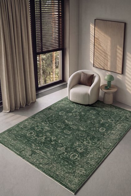 Şahmaran Yeşil Vintage Eskitme Klasik Desenli Yumuşak Parlak Dokuma Salon Oturma Odası Ev Oda Halısı
