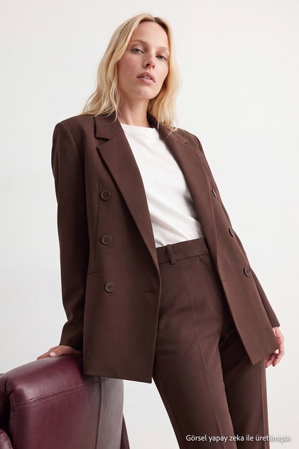 Brown Double-Breasted Woven Blazer Jacket Twoaw27Bc00053