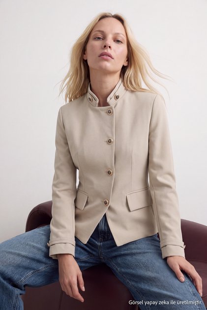 Stone Asymmetric Closure Buttoned Blazer Jacket Twoaw27Bc00025