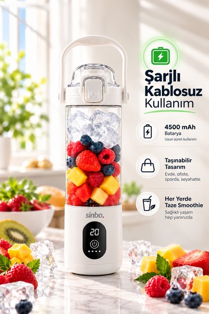 SHB-7504 150 W Portatif Taşınabilir Smoothie Blender 700 ml Buz Kırma Özelliği - Beyaz