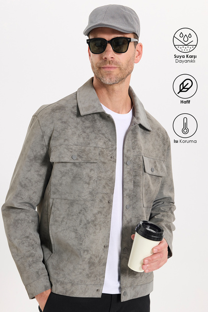 Men's Relax Fit Comfortable Cut Shirt Collar Snap Closure Suede Look Lined Pocketed Gray Coat