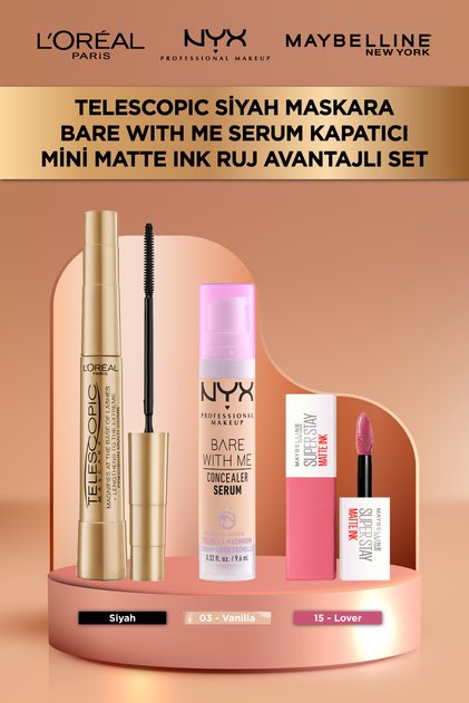 Telescopic Gold Maskara + Bare With Me Kapatıcı 03 + Matte Ink Mini Ruj 15