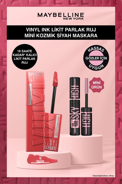 Super Stay Vinyl Ink Uzun Süre Kalıcı Şeftali Tonlu Likit Ruj 15 Peachy&Sky High Cosmic Mini Maskara