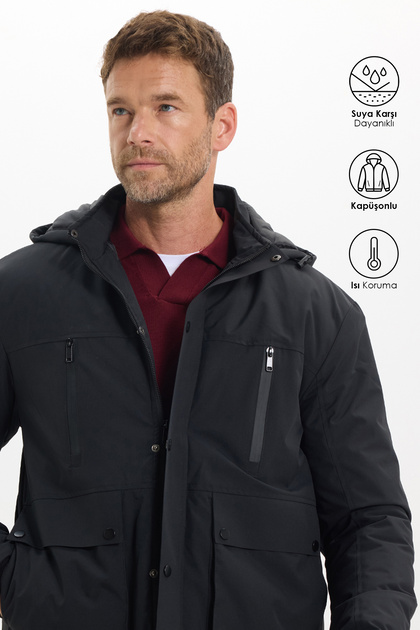 Men's Relax Fit Comfortable Cut Stand Collar Multi-Pocket Removable Hood Zippered Winter Black Coat