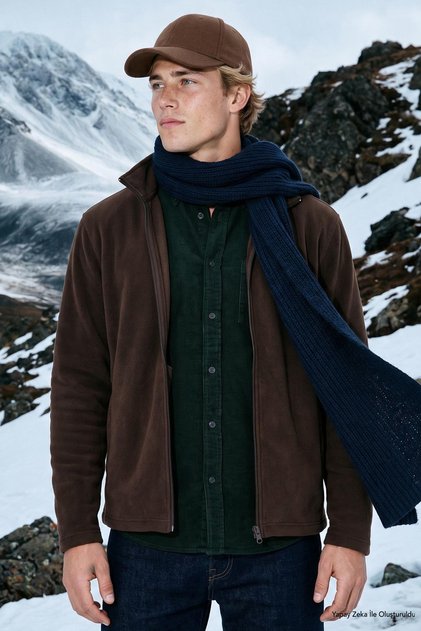 Erkek Koyu Kahve Anti-pilling Tüylenme Yapmayan Standart Fit Dik Bato Yaka Sweatshirt Polar Ceket