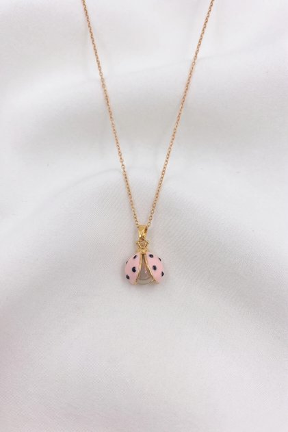 Ladybug Model Pink Colored Pearl Detailed Stainless Steel Gold Color Women's Necklace