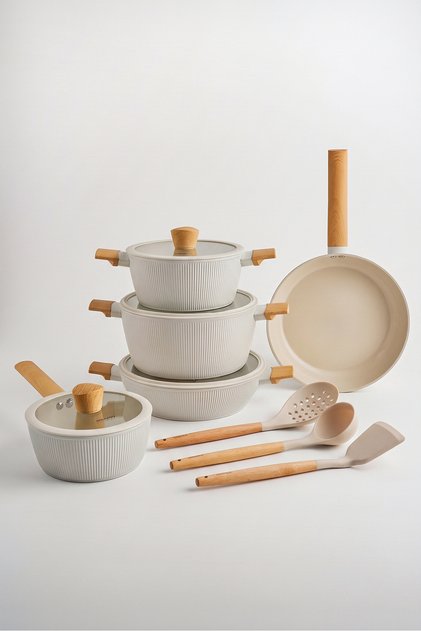 x Refika Swiss Crystal Pureline 12 Parça Tencere ve Tava Seti Almond Cream - Servis Seti Hediyeli