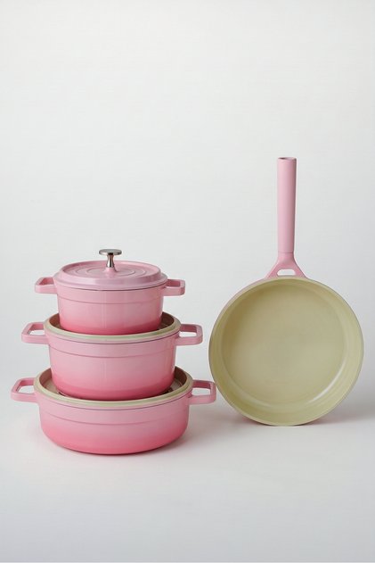 Swiss Crystal Neocast 7 Piece Cast Iron Cookware Set Pink - 2 Oven Gloves