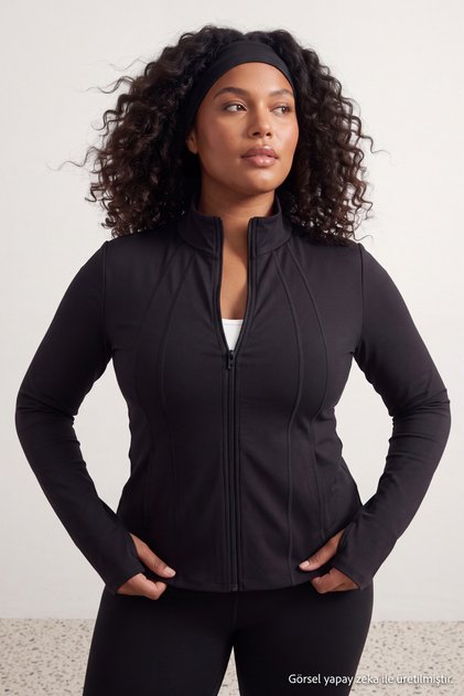 Siyah LYCRA® ADAPTIV™ Dikiş Detaylı Büyük Beden Spor Ceket TBBAW27AG00053