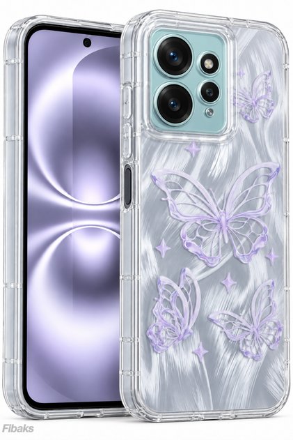 Redmi Note 12 Case with Camera Protection, Shiny Hologram Butterfly Pattern, Shock Absorbing Silicone