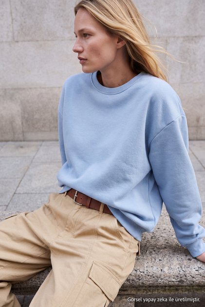 Açık Mavi Kalın İçi Polarlı Regular/Normal Kalıp Bisiklet Yaka Basic Örme Sweatshirt TWOAW24SW00101