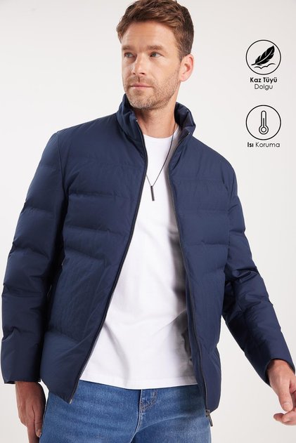 Men's Regular Fit Regular Cut Goose down Double Pocket Zippered Warm Navy Blue Coat