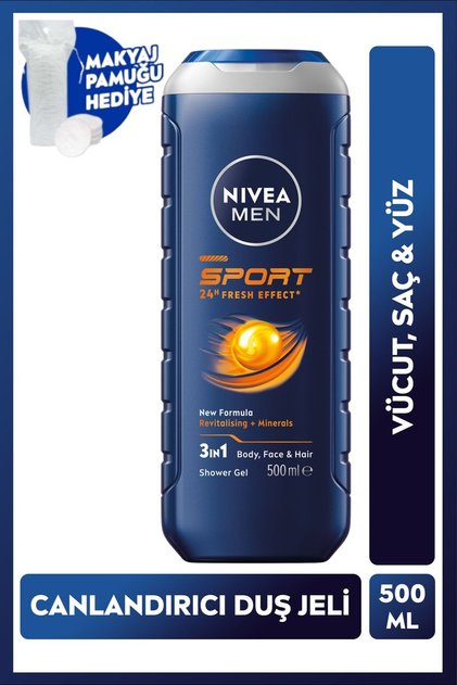 MEN Erkek Canlandırıcı Duş Jeli Sport 500ml, Vücut Saç Yüz, Pamuk Hediyeli