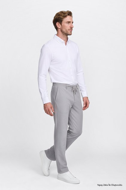 Men's Gray Slim Fit Slim Fit Waist Tie Side Pocket Seersucker Patterned Trousers
