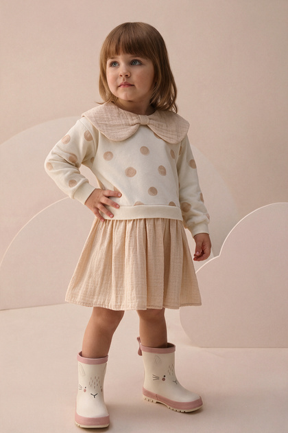 Girl's Polka Dot Muslin Garnished Long Sleeve Seasonal Dress Beige