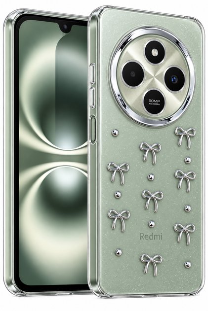 Redmi 14C Case with Bow Pattern Transparent Glitter Silver Shiny Cover with Camera Protrusion Protection